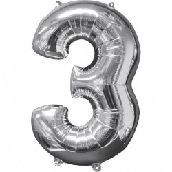 Balónek fóliový narozeniny číslo 3 stříbrný 102 cmBalónek číslo 3