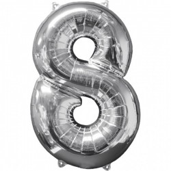 Balónek fóliový narozeniny číslo 8 stříbrný 102 cmBalónek číslo 8