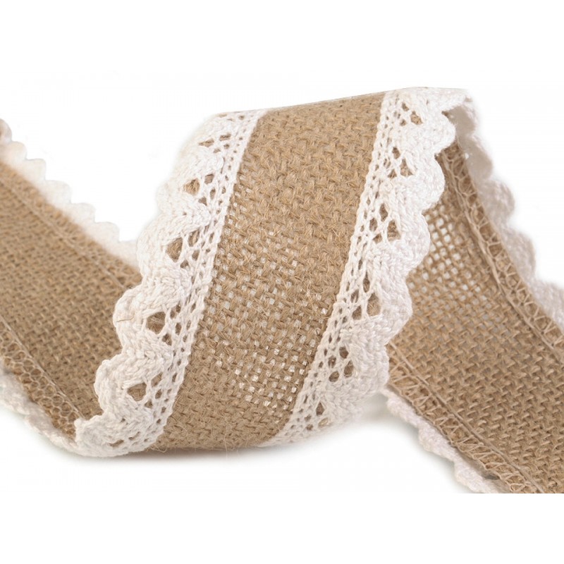 Juta, jutová stuha hnědá s krajkou